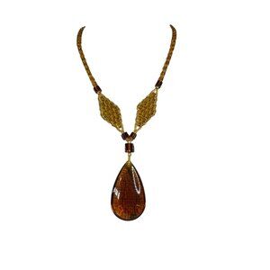 Amber Glass Beaded Statement Necklace VTG W/ Large Teardrop Pendan- Seed b